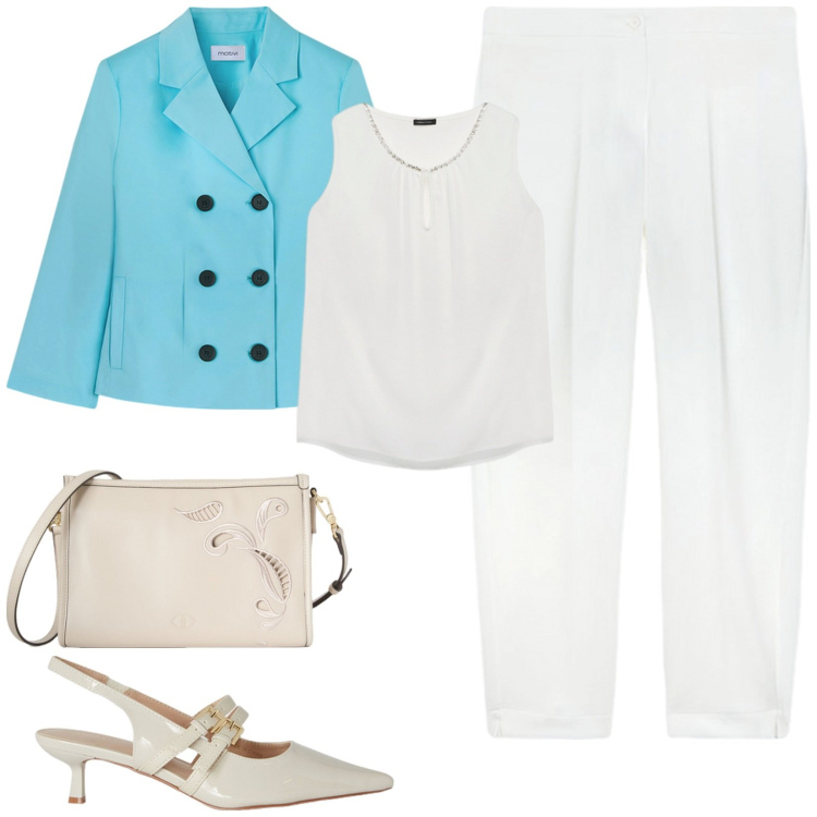 Outfit donna - Outfit per la mamma. Stile Casual chic per Cerimonia. Abbinamento con pantaloni, top, décolleté, blazer, borse a tracolla.