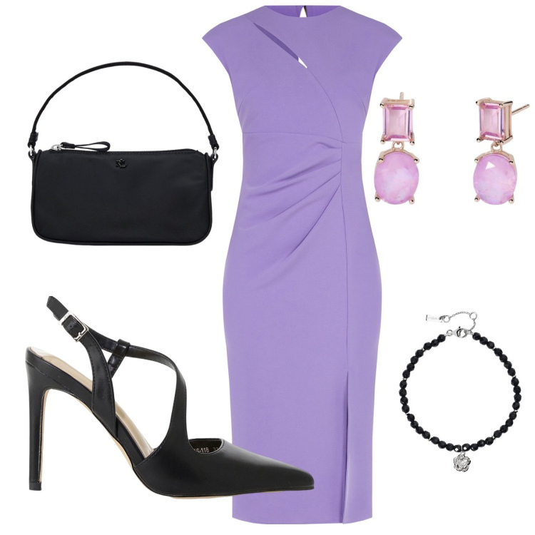 Outfit donna - Abito lilla. Stile Chic per Cerimonia. Abbinamento con braccialetti, orecchini, vestiti midi/longuette, décolleté, pochette.