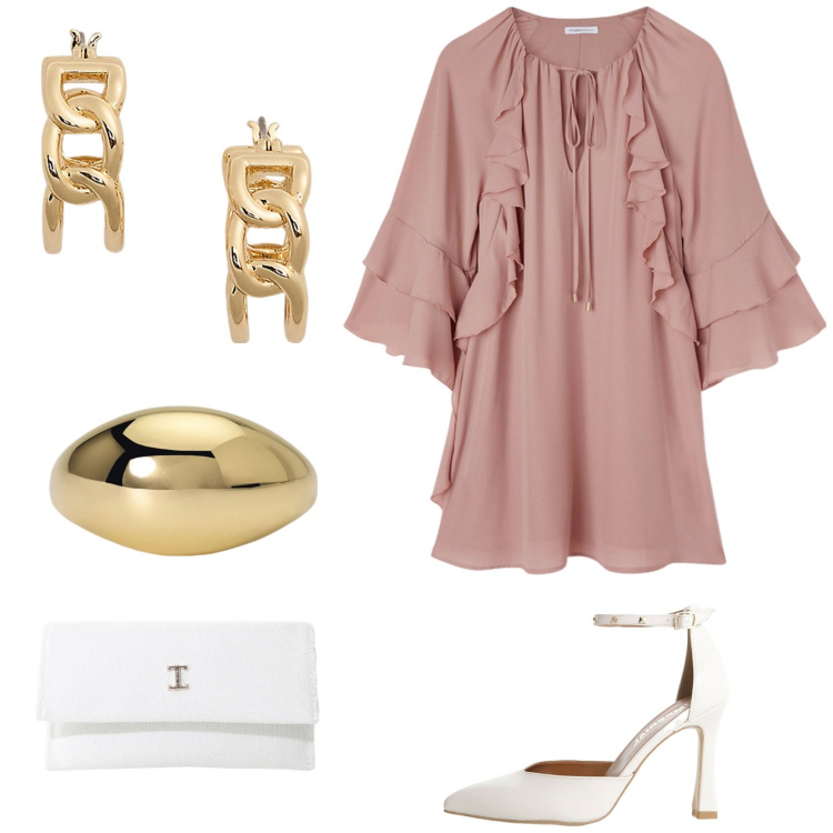 Outfit donna - In rosa antico. Stile Chic per Cerimonia. Abbinamento con anelli, décolleté, borse a tracolla, orecchini, vestiti corti.