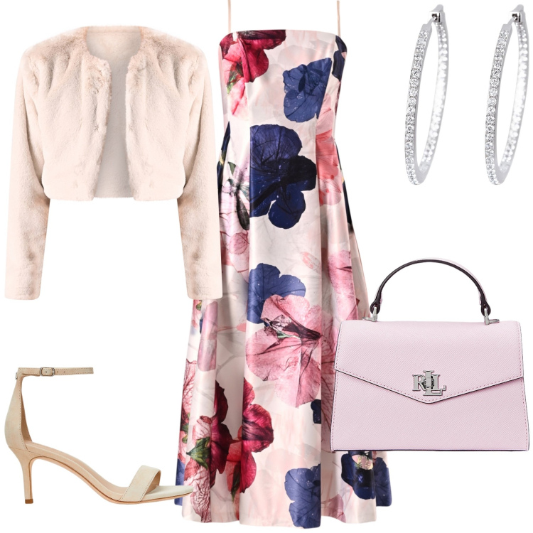 Outfit donna - Raso e pelliccetta. Stile Bon Ton per Cerimonia. Abbinamento con orecchini, bolero, vestiti midi/longuette, borse a mano, sandali in pelle.