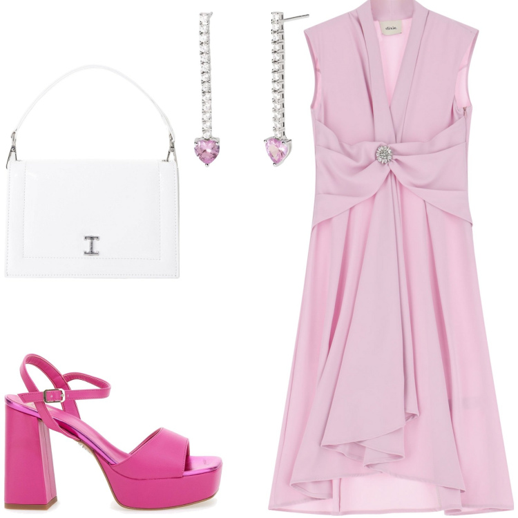 Outfit donna - Cerimonia in rosa. Stile Glamour per Cerimonia. Abbinamento con orecchini, borse a tracolla, vestiti midi/longuette, sandali col tacco.