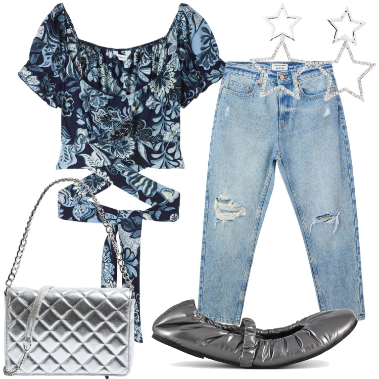Outfit donna - Serata fiorellini blu. Stile Glamour per Serata fuori. Abbinamento con bluse, jeans mom, orecchini, borse a tracolla, ballerine.