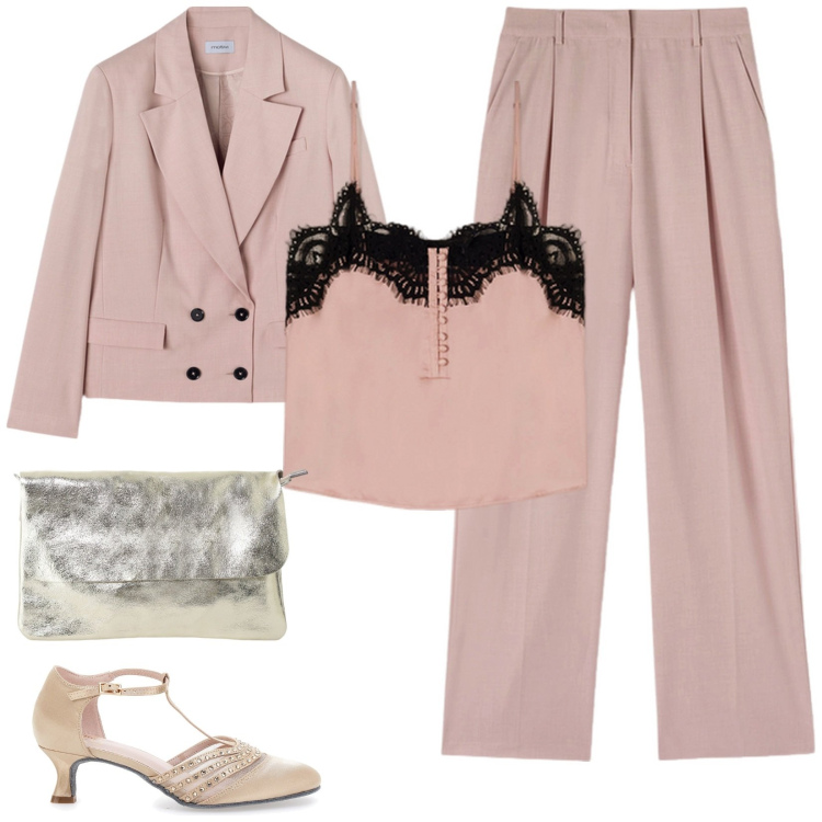 Outfit donna - Cerimonia in tailleur rosa. Stile Casual chic per Cerimonia. Abbinamento con borse a tracolla, décolleté, pantaloni a palazzo, top, blazer.
