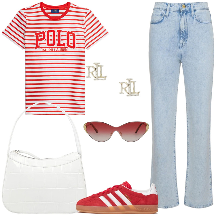 Outfit donna - T-shirt e jeans. Stile Casual per Tutti i giorni. Abbinamento con borse a mano, occhiali da sole, orecchini, maglieria, jeans, sneakers.