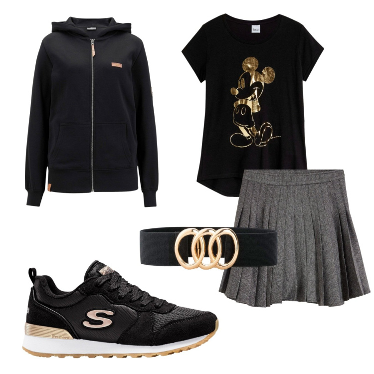 Outfit donna - Gita fuori porta. Stile Urban per Tutti i giorni. Abbinamento con cinture, t-shirt, sneakers, minigonne, felpe con cappuccio.