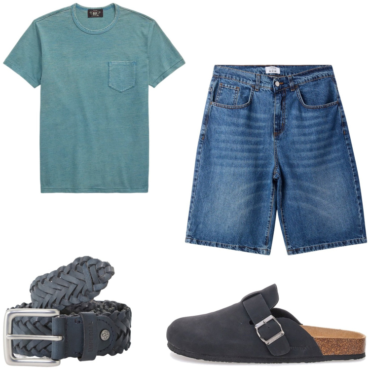 Outfit uomo - Bermuda di jeans. Stile Casual per Tutti i giorni. Abbinamento con bermuda, cinture, t-shirt, sandali.