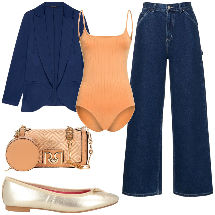Outfit donna - Blu e arancione. Stile Casual chic per Tutti i giorni. Abbinamento con ballerine, borse a tracolla, pantaloni, top, blazer.
