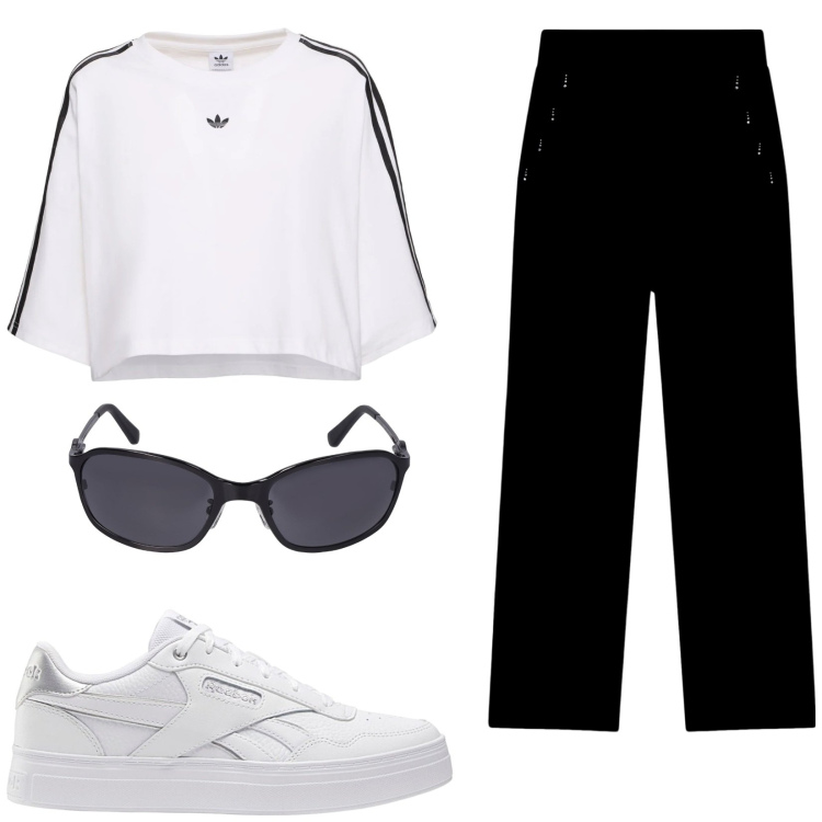Outfit donna - Scampagnata di maggio. Stile Basic per Tutti i giorni. Abbinamento con pantaloni, sneakers, occhiali da sole, t-shirt.