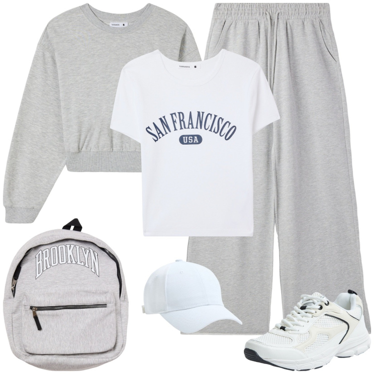 Outfit donna - Sportiva per il tempo libero. Stile Basic per Sport. Abbinamento con cappelli, pantaloni sportivi, sneakers, felpe, t-shirt sportive, borse sportive.