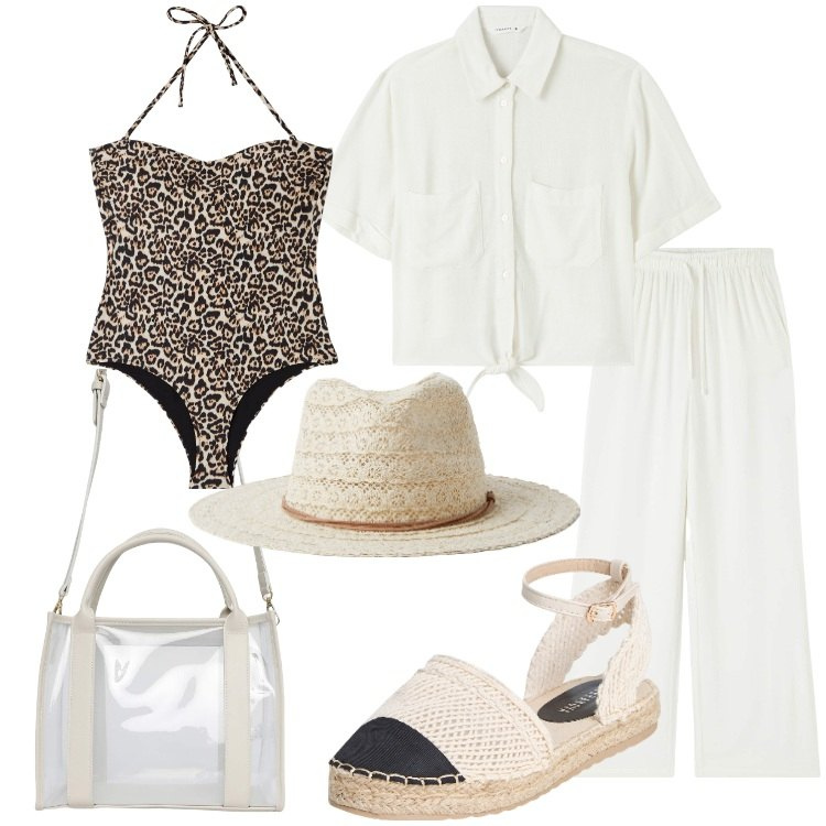 Outfit donna - Terranova - Vacanze italiane. Stile Basic per Mare. Abbinamento con costumi interi, pantaloni, borse tote, cappelli, camicie a manica corta, espadrillas.