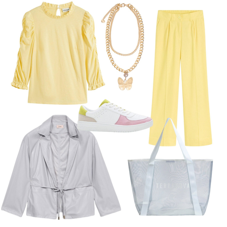 Outfit donna - Carino e casual. Stile Casual per Tutti i giorni. Abbinamento con pantaloni a palazzo, maglieria, sneakers, shopping bag, blazer, collane.