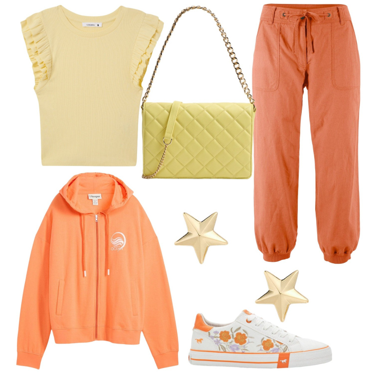 Outfit donna - Giallo e arancio vitaminico. Stile Casual per Tutti i giorni. Abbinamento con sneakers, pantaloni capri, felpe con cappuccio, t-shirt, borse a tracolla, orecchini.