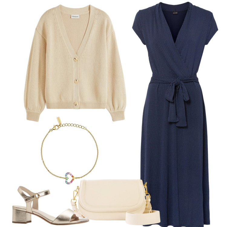 Outfit donna - Il vestito a pois. Stile Casual chic per Cerimonia. Abbinamento con vestiti midi/longuette, cardigans, sandali col tacco, borse a spalla, braccialetti.