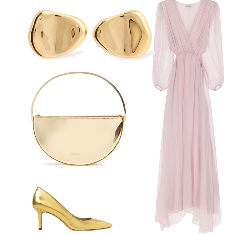 Outfit donna - L oro sul cipria. Stile Bon Ton per Cerimonia. Abbinamento con vestiti lunghi, décolleté, orecchini, pochette.