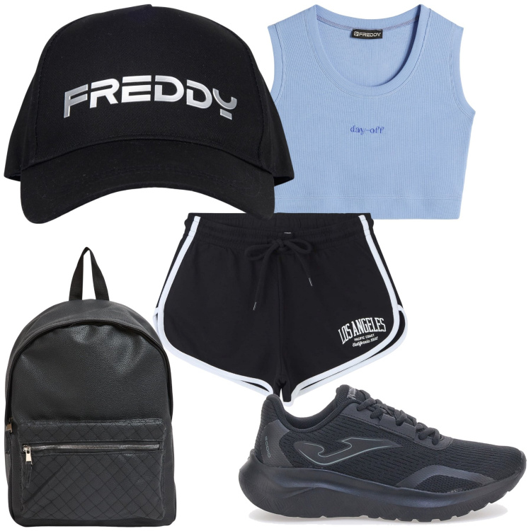 Outfit donna - Sano sport. Stile Basic per Tutti i giorni. Abbinamento con shorts, zaini, top, cappelli, sneakers.