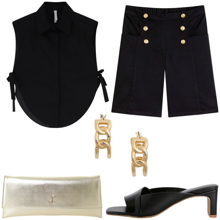 Outfit donna - Bermuda di sera. Stile Casual chic per Serata fuori. Abbinamento con bermuda, camicie, pochette, orecchini, sabot.