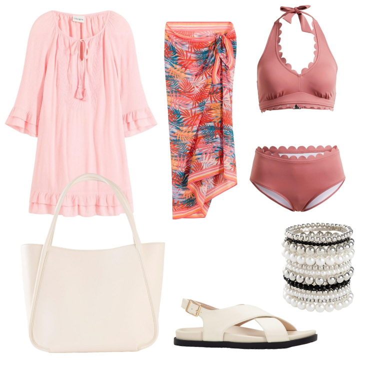 Outfit donna - Passeggiata al mare. Stile Casual chic per Mare. Abbinamento con braccialetti, sandali, bikini, vestiti, vestiti da spiaggia, shopping bag.
