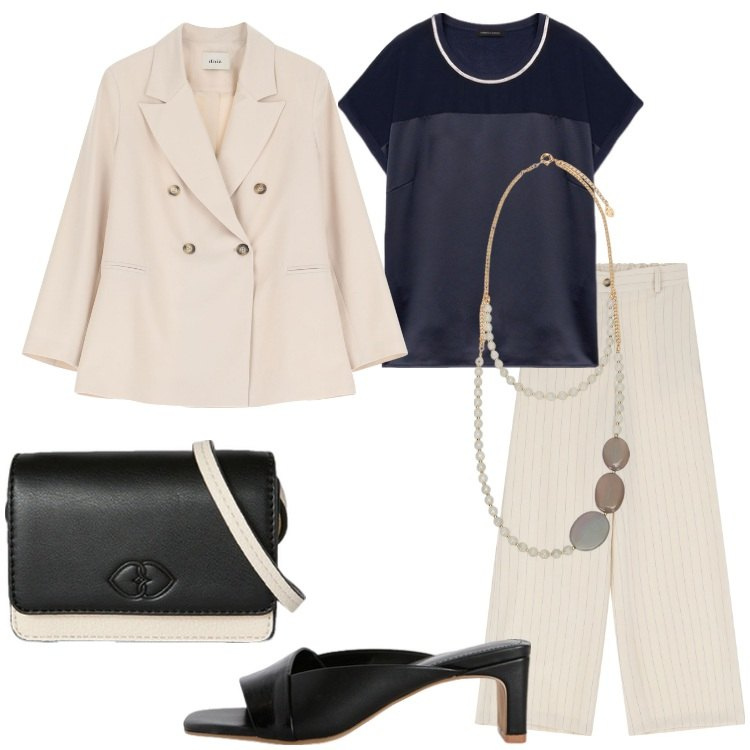 Outfit donna - L\'eleganza del tailleur Donna Curvy. Stile Chic per Serata fuori. Abbinamento con pantaloni a palazzo, blazer, top, sabot, collane, portafogli.