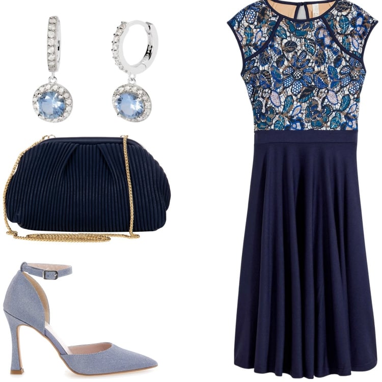 Outfit donna - Cerimonia in abito. Stile Glamour per Tutti i giorni. Abbinamento con vestiti midi/longuette, orecchini, pochette, décolleté.