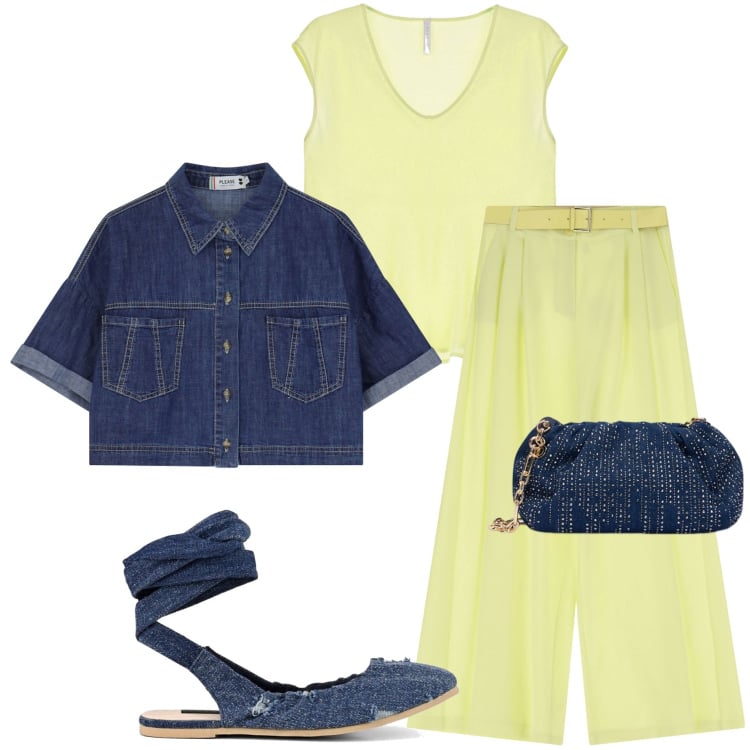 Outfit donna - Giallo burro. Stile Casual chic per Serata fuori. Abbinamento con blazer, top, pantaloni a palazzo, ballerine, clutch.