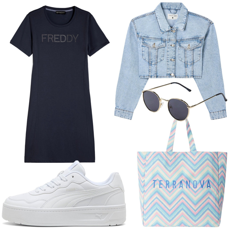 Outfit donna - Total look #2120168. Stile Basic per Tutti i giorni. Abbinamento con occhiali da sole, blazer, borse tote, vestiti lunghi, sneakers.