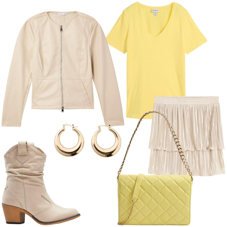 Outfit donna - Giallo Burro - Il colore che incanta. Stile Casual per Tutti i giorni. Abbinamento con stivaletti texani, t-shirt, minigonne, orecchini, blazer, borse a tracolla.