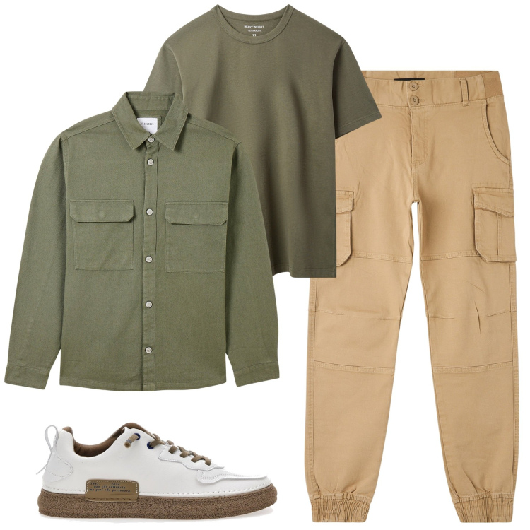 Outfit uomo - Safari urbano. Stile Casual per Tutti i giorni. Abbinamento con cappotti, t-shirt, pantaloni cargo, sneakers.