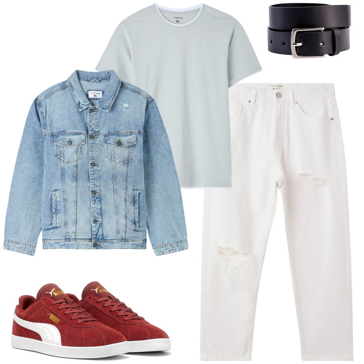 Outfit uomo - I jeans bianchi. Stile Casual per Tutti i giorni. Abbinamento con giacche, t-shirt, jeans strappati, sneakers, cinture.
