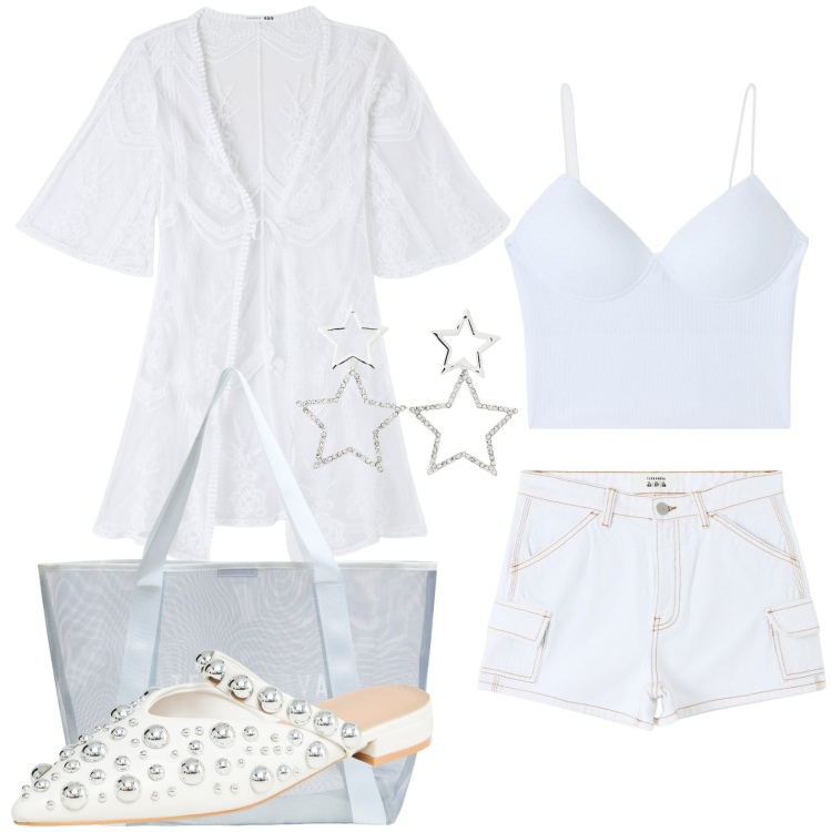 Outfit donna - Terranova - Vacanze italiane. Stile Minimal per Tutti i giorni. Abbinamento con ballerine, pantaloni corti, top, orecchini, caftani, shopping bag.
