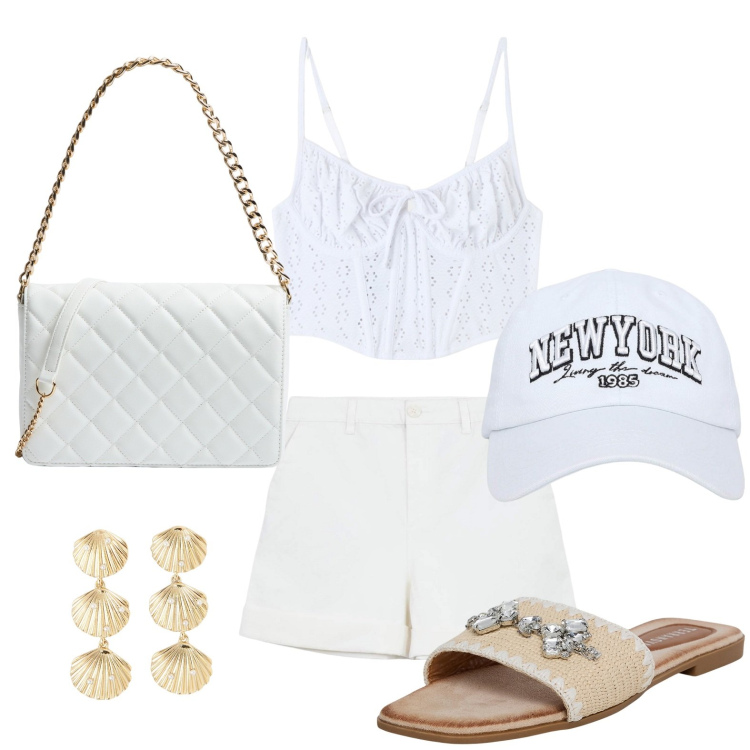 Outfit donna - Terranova - Vacanze italiane. Stile Glamour per Tutti i giorni. Abbinamento con top, ciabatte, cappelli, orecchini, pantaloni corti, borse a tracolla.