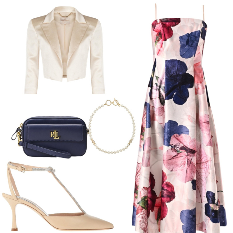 Outfit donna - Matrimonio di giorno. Stile Casual chic per Cerimonia. Abbinamento con décolleté, bolero, vestiti midi/longuette, collane, pochette.