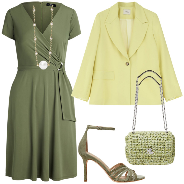 Outfit donna - Eleganza senza tempo. Stile Bon Ton per Cerimonia. Abbinamento con collane, blazer, vestiti midi/longuette, sandali in pelle, borse a spalla.