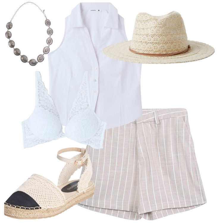 Outfit donna - Finalmente in vacanza!!!. Stile Glamour per Mare. Abbinamento con camicie, cappelli, reggiseni, bermuda, espadrillas, cinture.