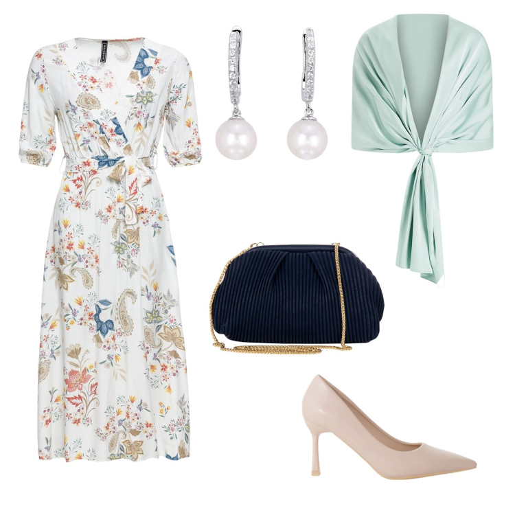 Outfit donna - Cerimonia primaverile. per Cerimonia. Abbinamento con vestiti midi/longuette, pochette, stole, orecchini, décolleté.