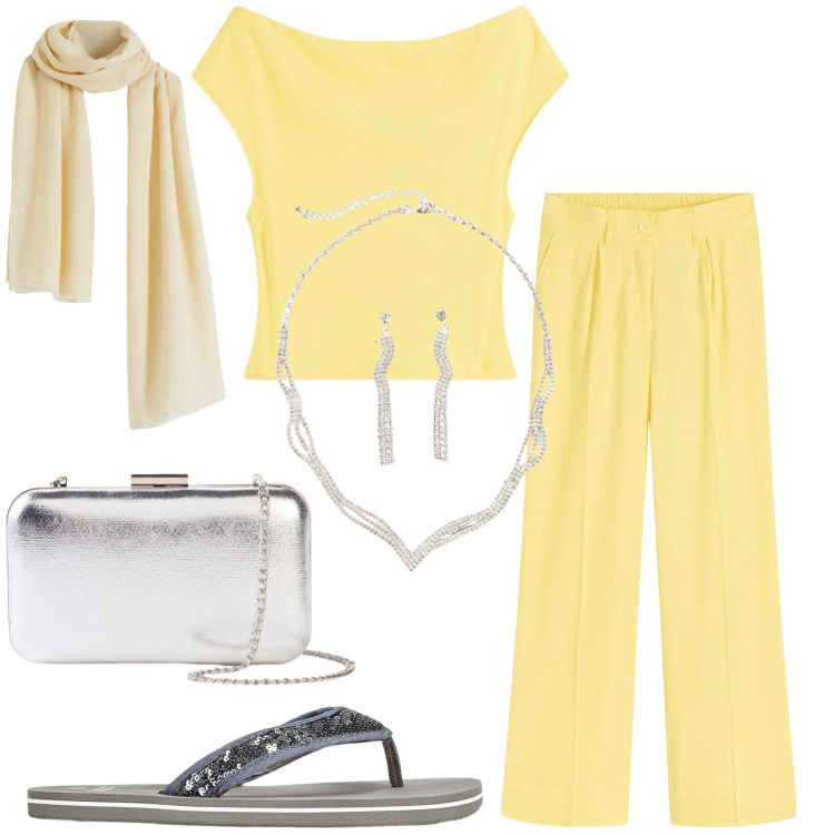Outfit donna - bonprix - HOT SUMMER VIBES. Stile Casual per Tutti i giorni. Abbinamento con maglieria, pantaloni a palazzo, infradito, collane, sciarpe, pochette.