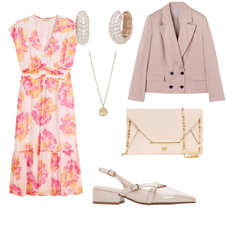 Outfit donna - Cerimonia primaverile. per Cerimonia. Abbinamento con vestiti midi/longuette, décolleté, orecchini, collane, pochette, blazer.