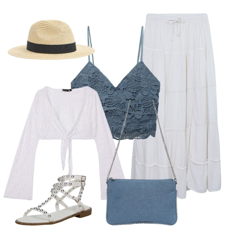 Outfit donna - Gonna in lino e top in pizzo. Stile Boho per Mare. Abbinamento con borse a tracolla, cappelli, gonne lunghe, top, bolero, sandali.