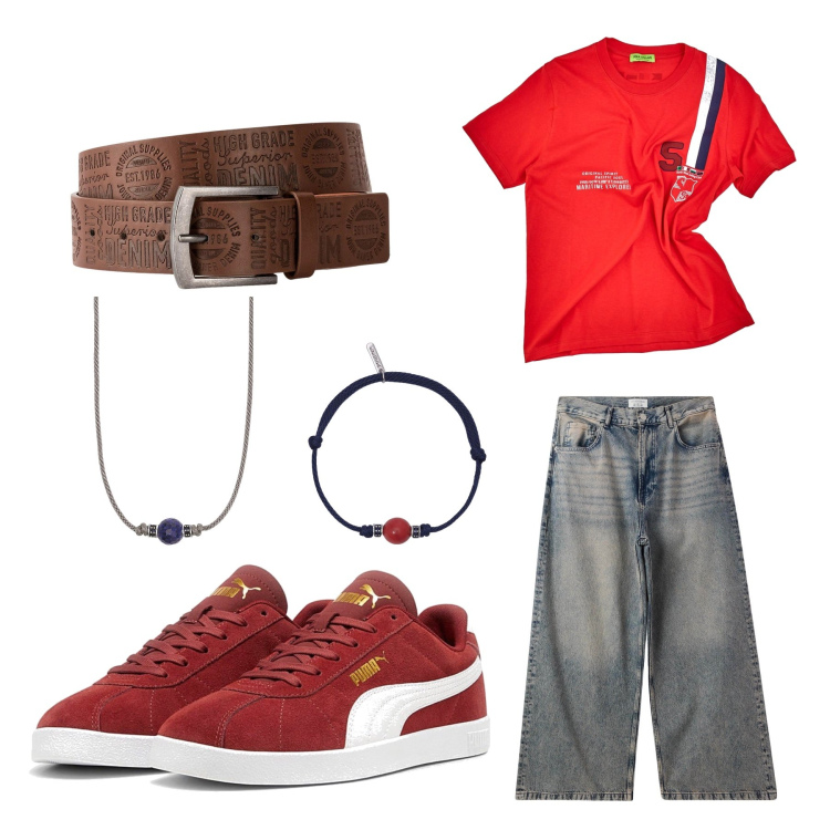 Outfit uomo - All red today. Stile Urban per Tutti i giorni. Abbinamento con cinture, jeans, braccialetti, collane, t-shirt, sneakers.