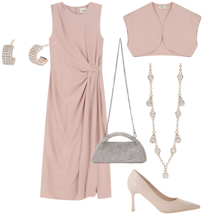 Outfit donna - Speciale abito midi. Stile Chic per Cerimonia. Abbinamento con collane, orecchini, décolleté, gilet, vestiti midi/longuette, clutch.