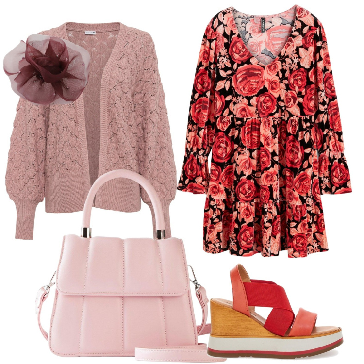 Outfit donna - Stile floreale. Stile Minimal per Ufficio. Abbinamento con cardigans, vestiti corti, borse a tracolla, foulard, sandali.