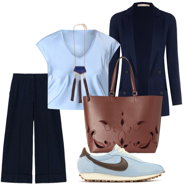 Outfit donna - Blazer casual. Stile Casual per Tutti i giorni. Abbinamento con bluse, blazer, sneakers, ciondoli, shopping bag, pantaloni.