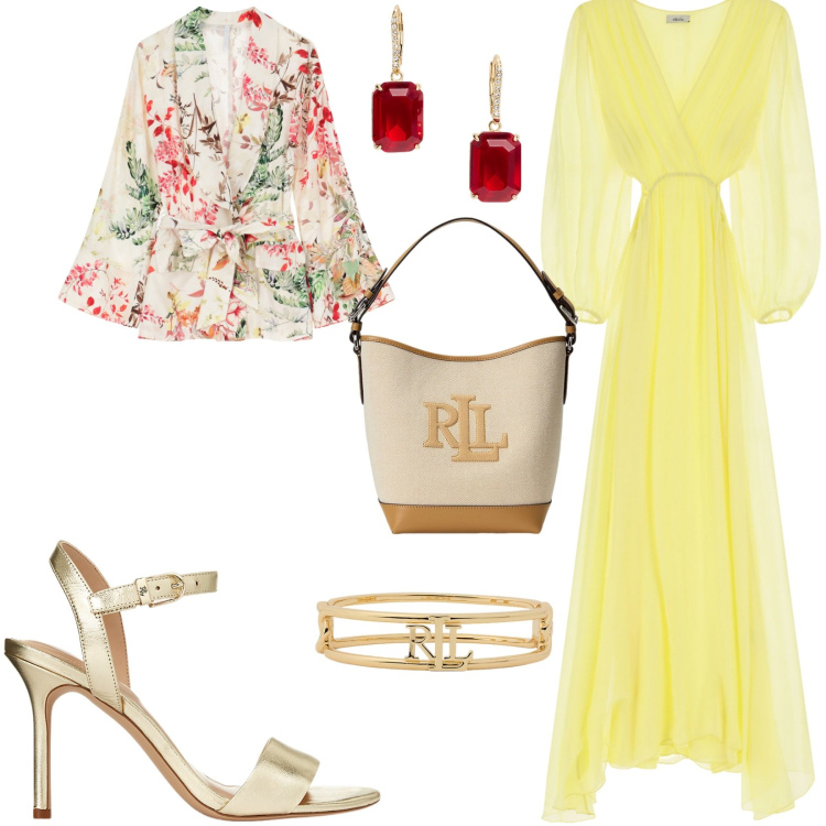 Outfit donna - Cerimonia contest. Stile Romantica per Cerimonia. Abbinamento con blazer, vestiti lunghi, sandali in pelle, orecchini, braccialetti, borse a secchiello.