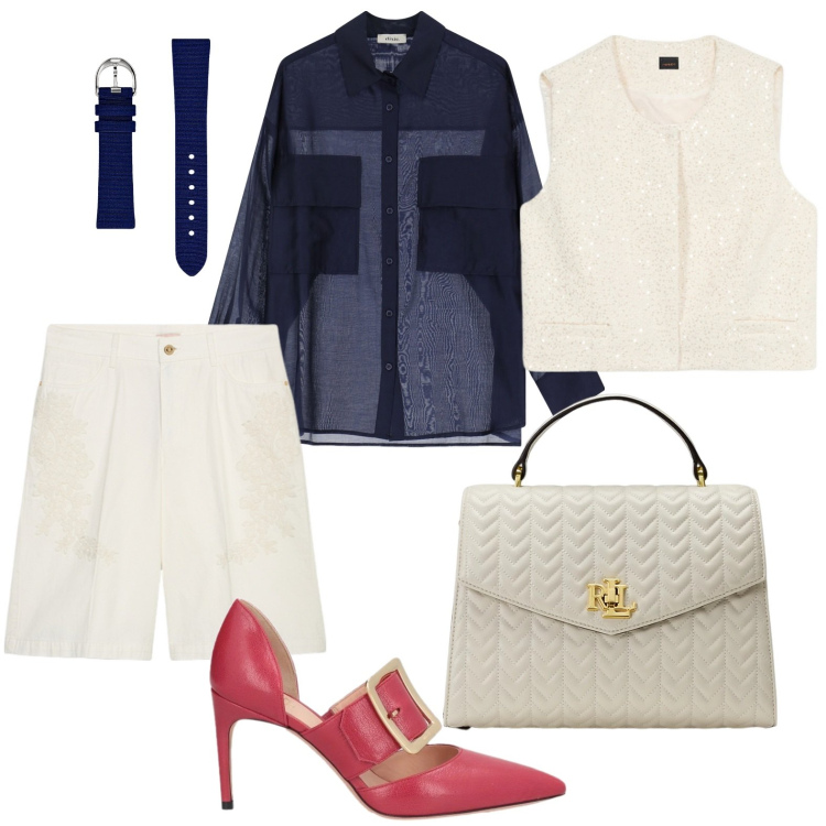 Outfit donna - Aperitivo dopo il lavoro. Stile Bon Ton per Serata fuori. Abbinamento con décolleté, orologi, borse a mano, camicie, gilet, bermuda.