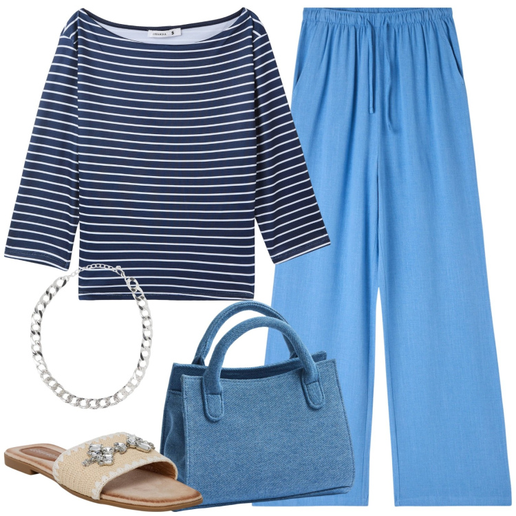 Outfit donna - Profumo d\'estate. Stile Casual per Tutti i giorni. Abbinamento con ciabatte, collane, t-shirt, pantaloni, borse a tracolla.