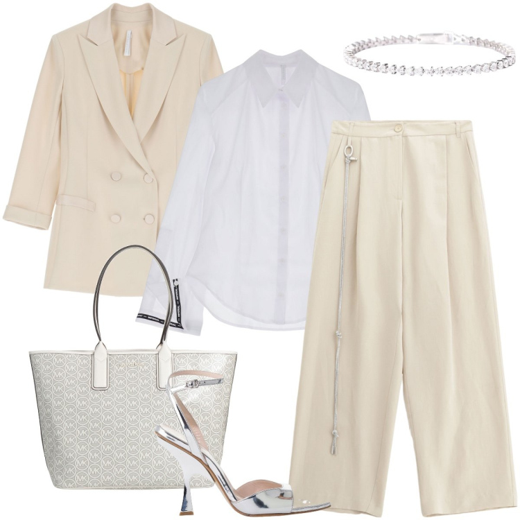 Outfit donna - L\'eleganza del tailleur. Stile Chic per Cerimonia. Abbinamento con borse a mano, braccialetti, pantaloni, camicie, blazer, décolleté.