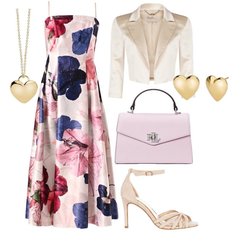 Outfit donna - Speciale abito midi. Stile Romantica per Cerimonia. Abbinamento con collane, orecchini, bolero, vestiti midi/longuette, sandali col tacco, borse a mano.