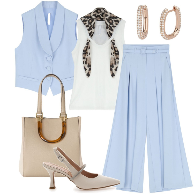 Outfit donna - Il tailleur con il gilet. Stile Chic per Cerimonia. Abbinamento con orecchini, pantaloni, top, gilet, décolleté, shopping bag.