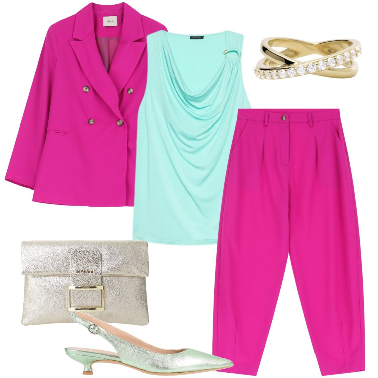Outfit donna - Il tailleur colorato. Stile Chic per Cerimonia. Abbinamento con décolleté, anelli, pochette, pantaloni, blazer, top.