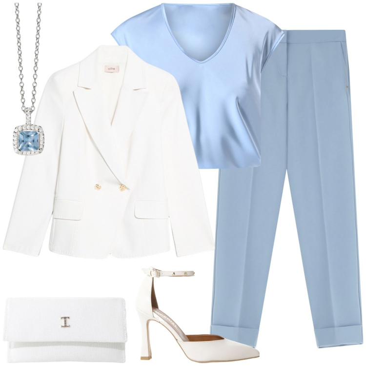 Outfit donna - Battesimo del bambino!. Stile Chic per Cerimonia. Abbinamento con collane, bluse, pantaloni, décolleté, borse a tracolla, blazer.