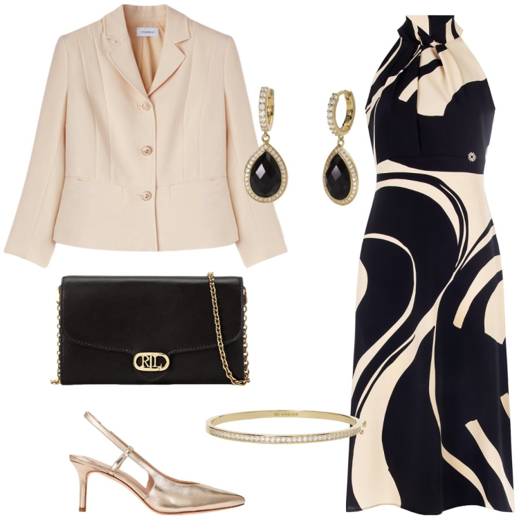 Outfit donna - Total look #2120352. Stile Chic per Cerimonia. Abbinamento con orecchini, braccialetti, vestiti midi/longuette, borse a tracolla, décolleté, blazer.